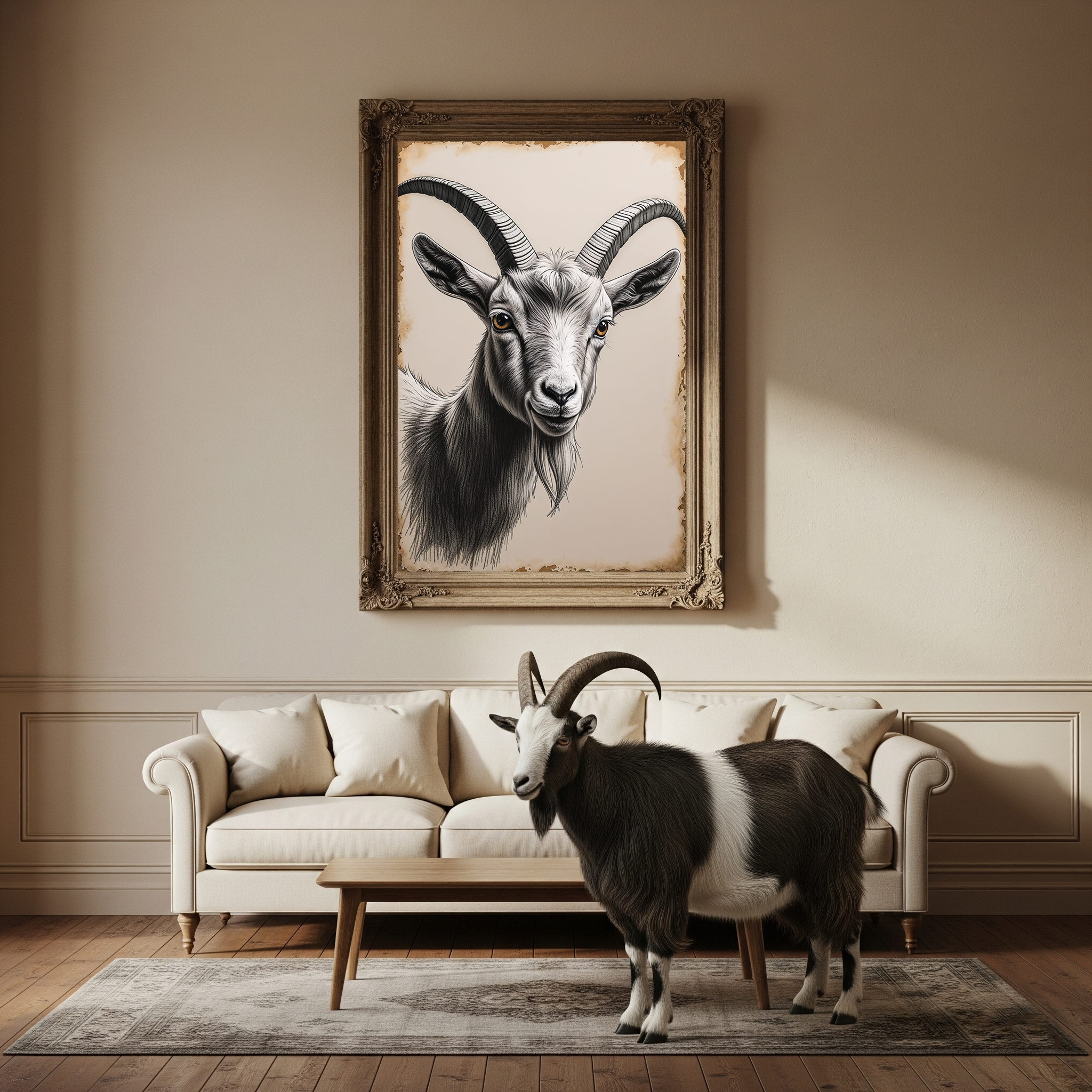 Detailed digital print of a vintage goat portrait art by Reflectionare, showcasing a farm animal illustration.