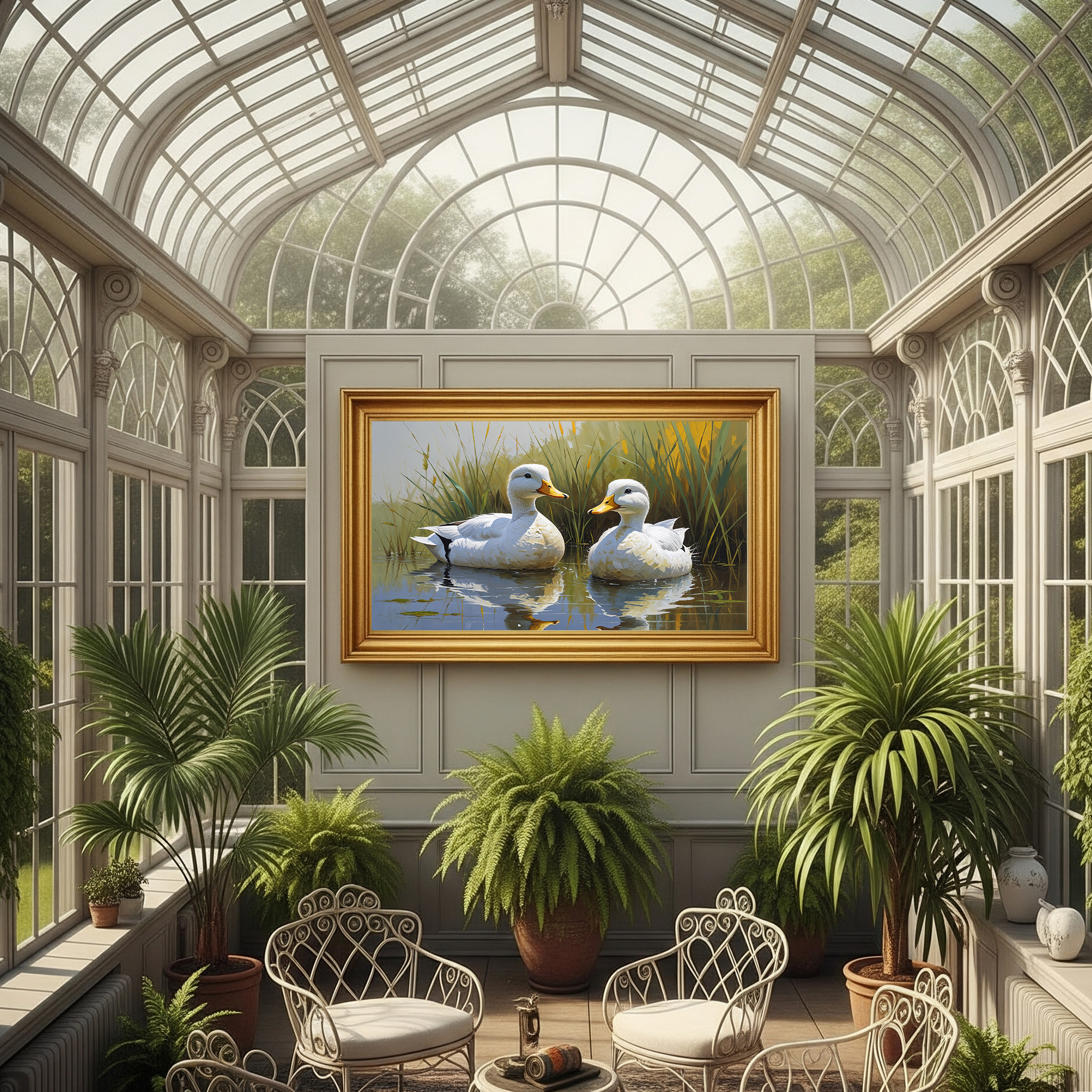 Vintage White Ducks Pond Painting Wall Art | Digital Download
