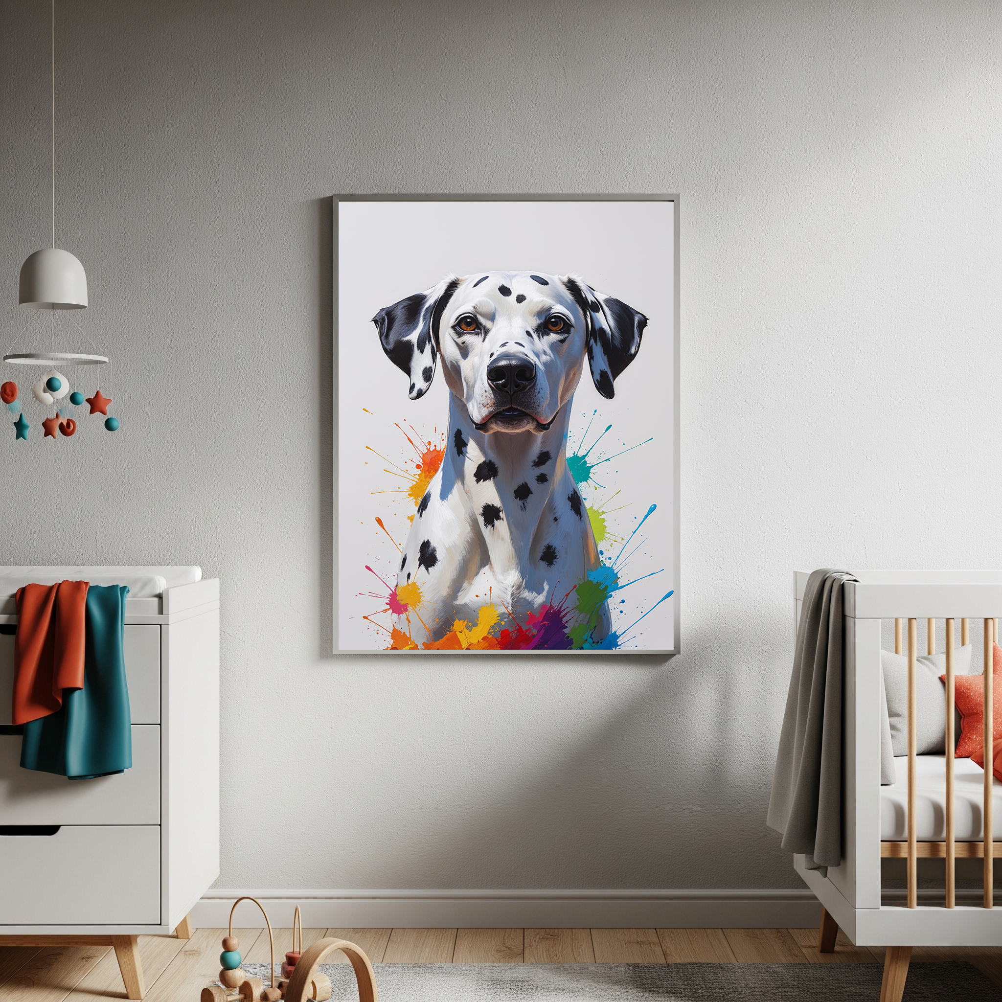Colorful Dalmatian digital art by Reflectionare featuring a vibrant, abstract spotted dog design with bright, lively colors.