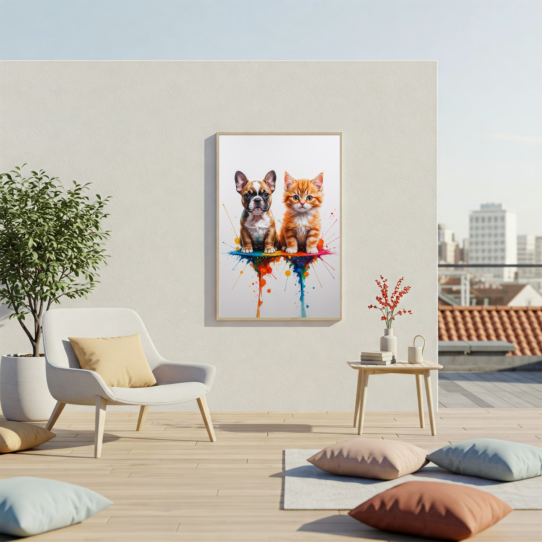 French Bulldog and Kitten Colorful Splash Art Print