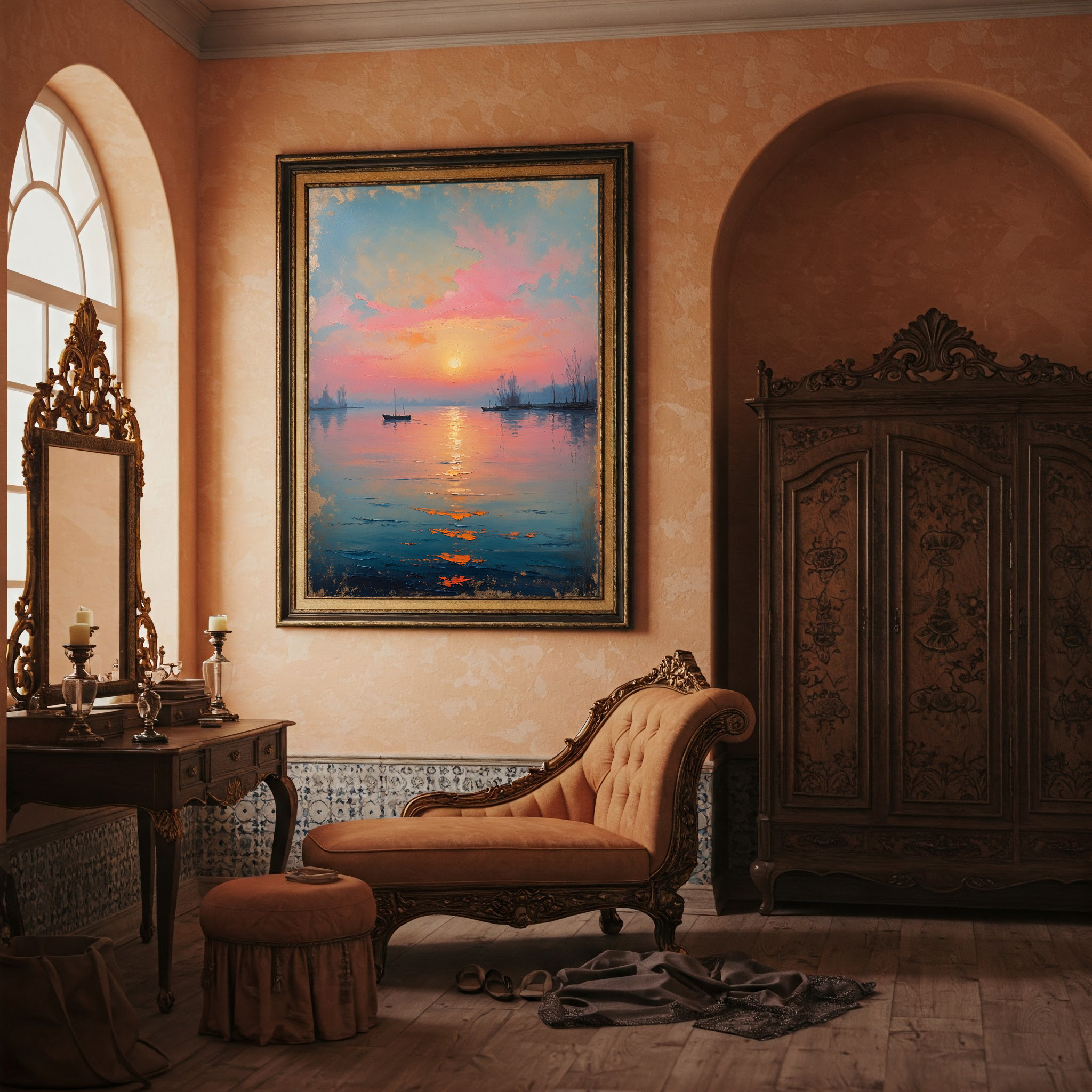 Serene Sunset Boat Painting Lake Seascape | Digital Download
