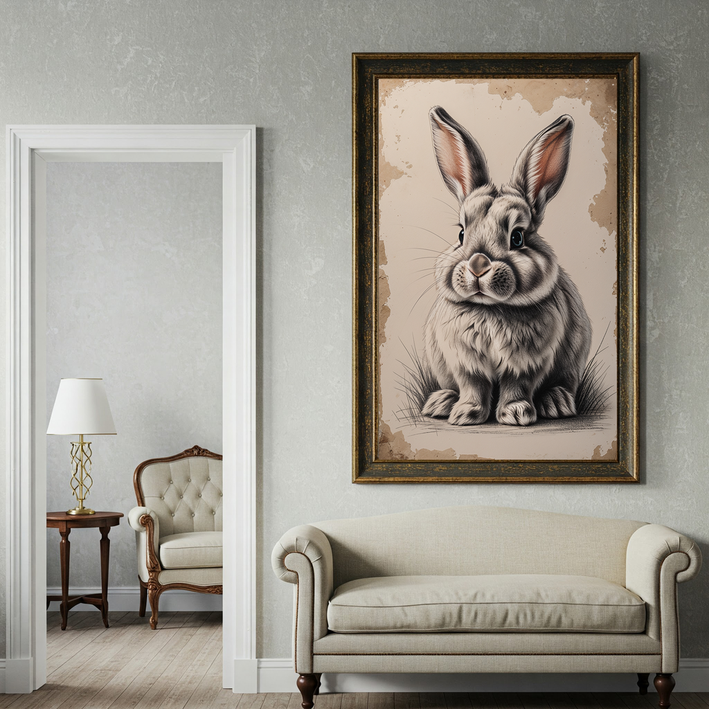 Vintage bunny portrait art print by Reflectionare, featuring retro animal wall decor in a digital art style with detailed bunny illustration.
