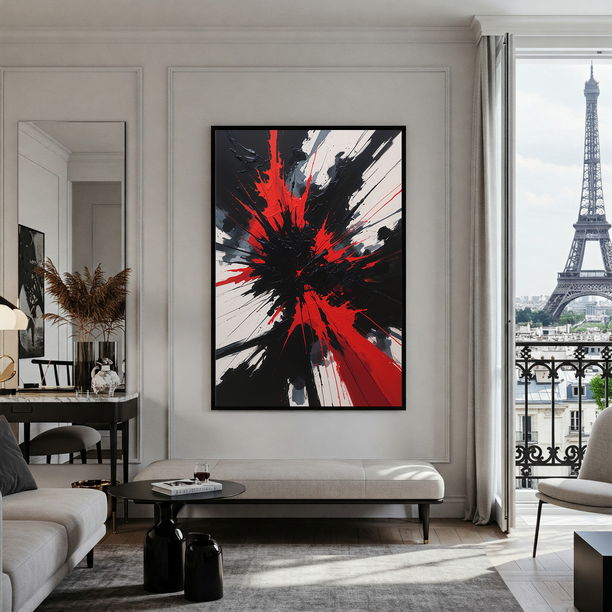 Abstract eruption digital art print by Reflectionare featuring dramatic black and red textured impasto wall decor.
