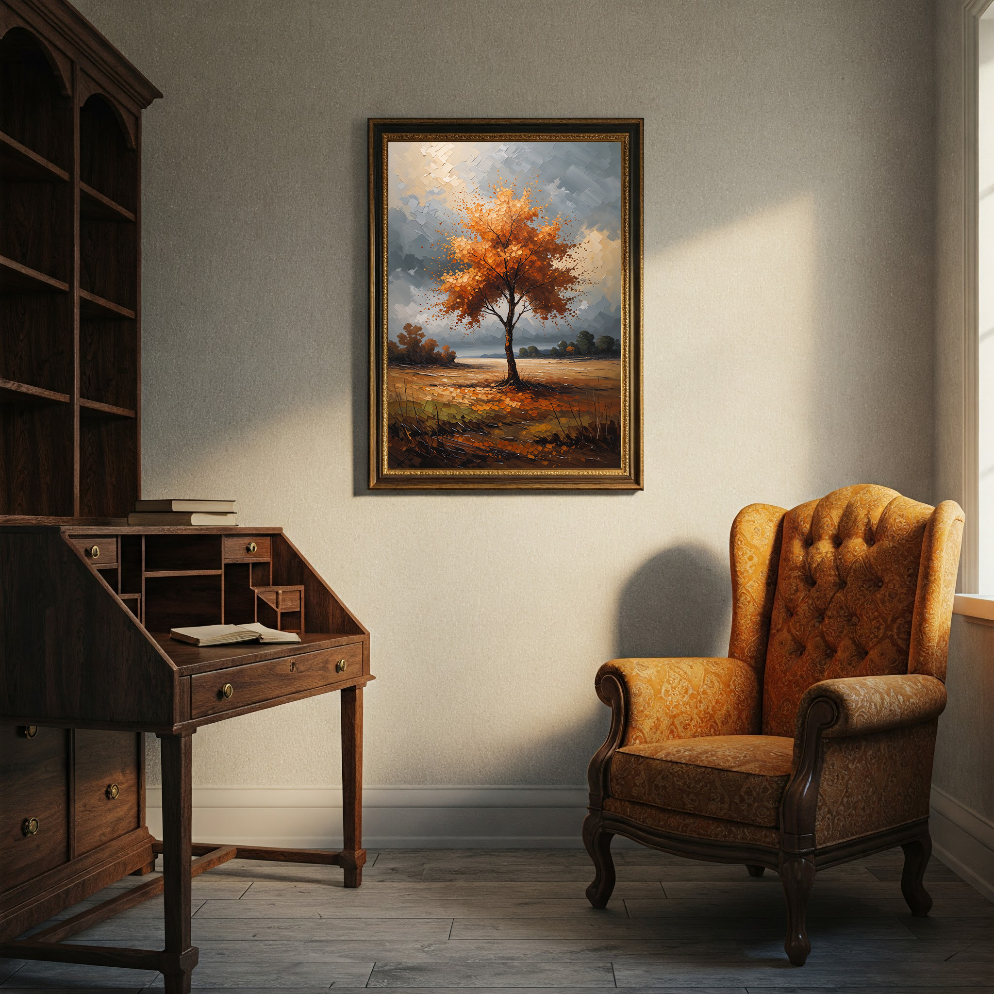 Vintage golden tree scene in impressionist autumn landscape digital art by Reflectionare, showcasing warm autumn colors and detailed foliage.