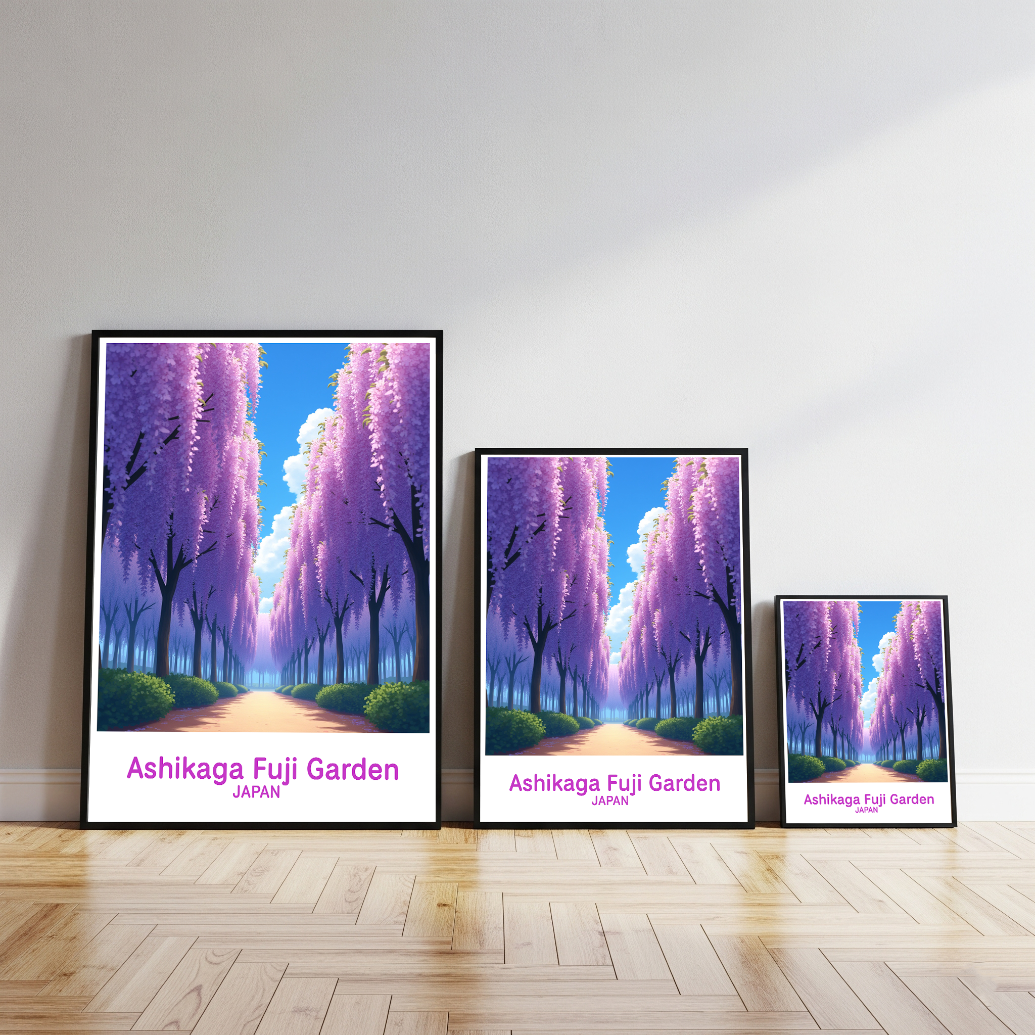 Digital art of Ashikaga Fuji Garden by Reflectionare, showcasing vibrant cherry blossoms and lush garden scenery.