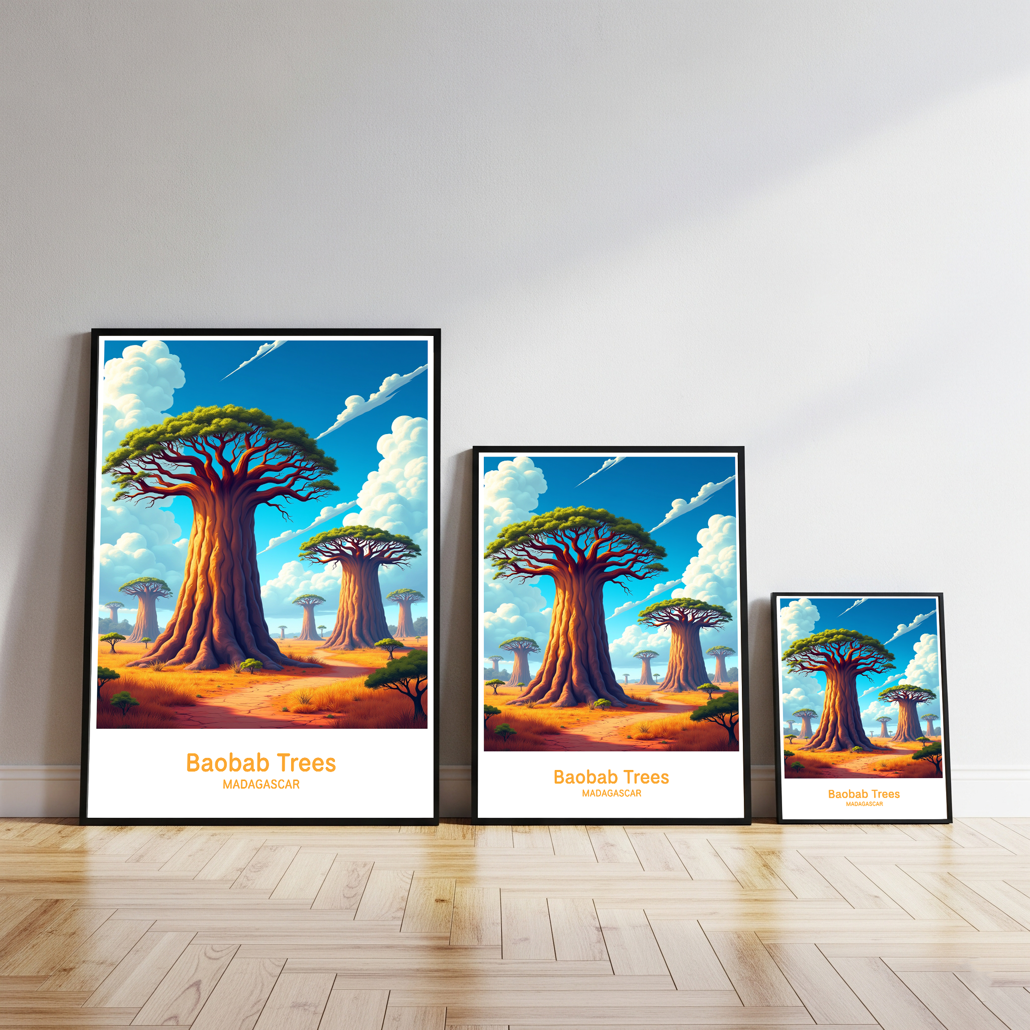 Digital art of Baobab trees by Reflectionare, showcasing vibrant, stylized African landscape with tall, iconic trees against a colorful sky.