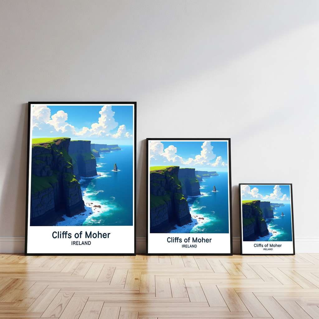 Reflectionare digital art of the Cliffs of Moher depicting rugged cliffs and crashing waves under a cloudy sky.