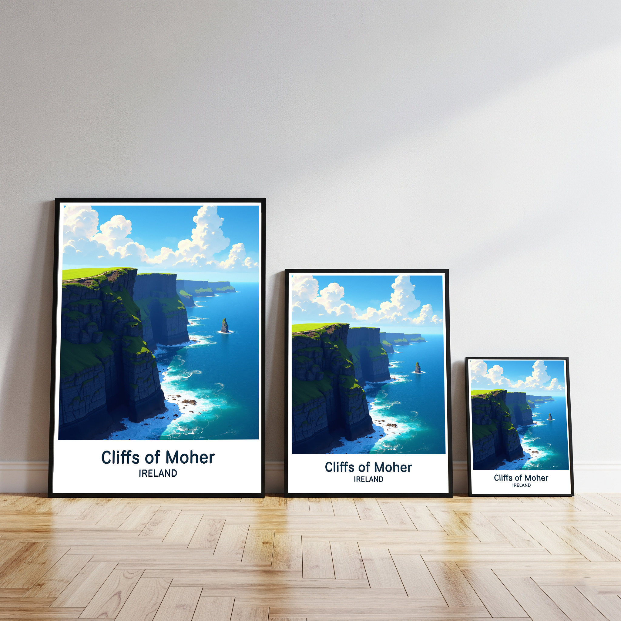 Reflectionare digital art of the Cliffs of Moher depicting rugged cliffs and crashing waves under a cloudy sky.