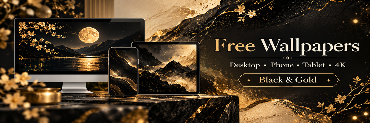 Black and gold free wallpaper collection banner featuring desktop, tablet, and smartphone mockups with luxury abstract landscapes, golden floral accents, and 4K digital wallpaper text.