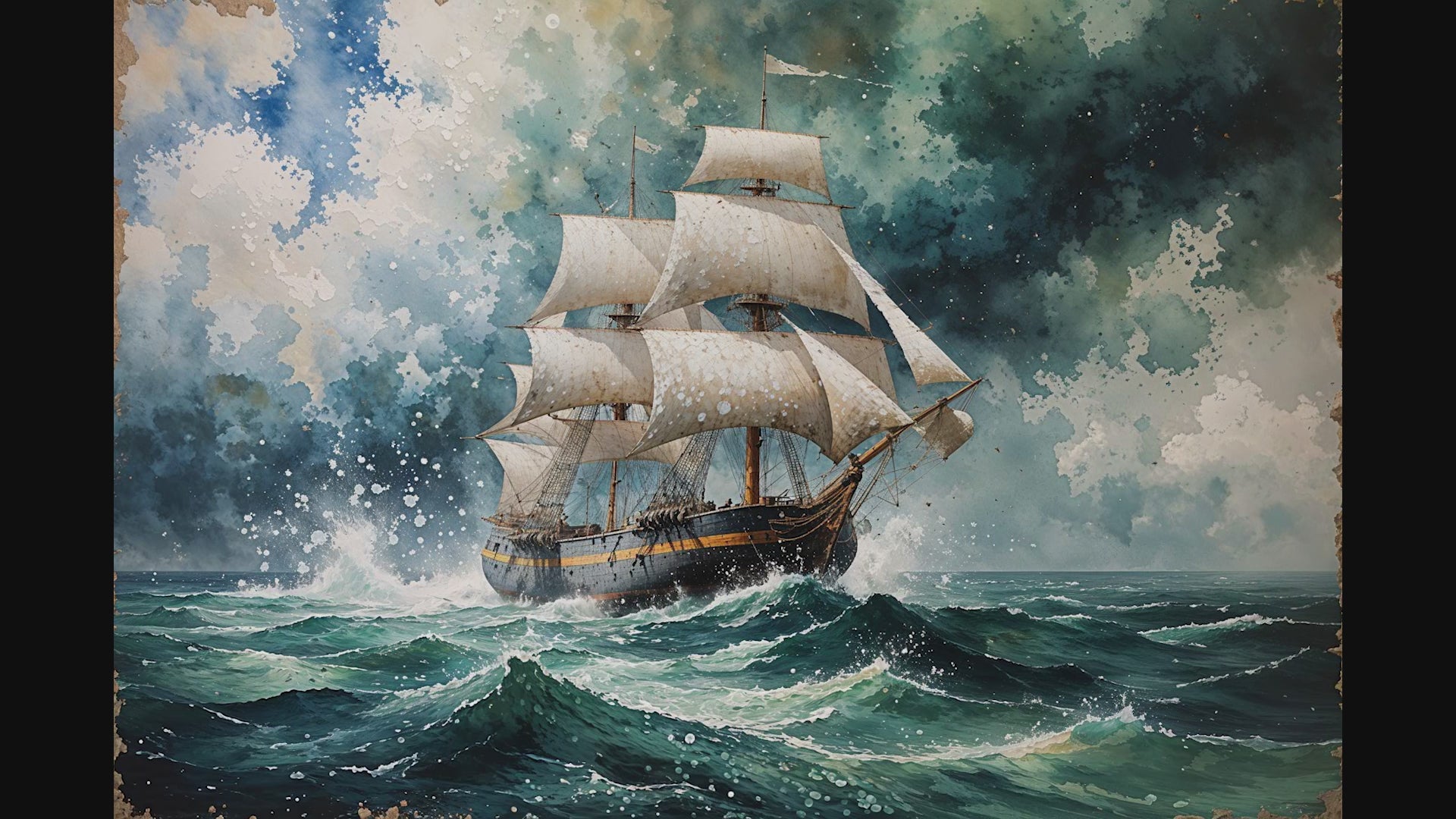 Vintage Tall Ship Sea Storm Painting | Digital Download