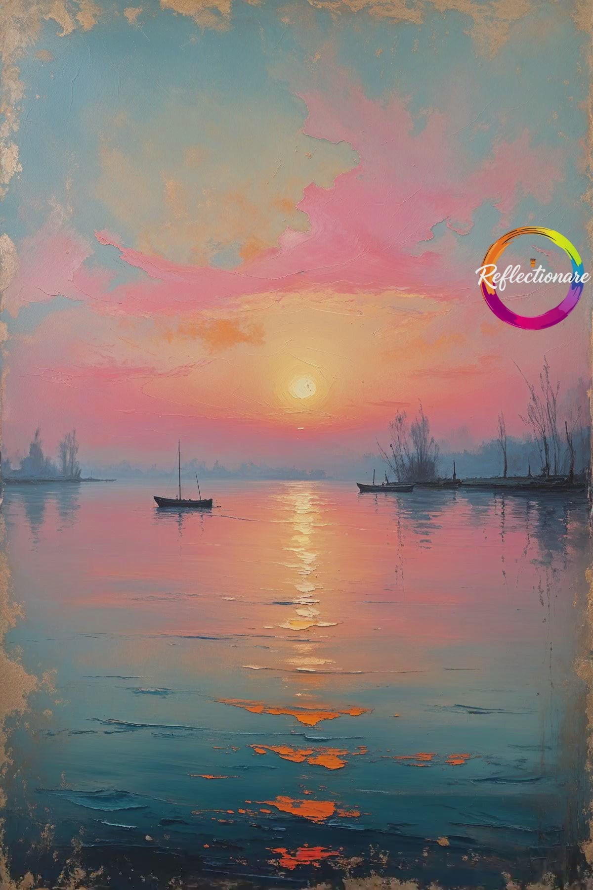 Serene Sunset Boat Painting Lake Seascape | Digital Download