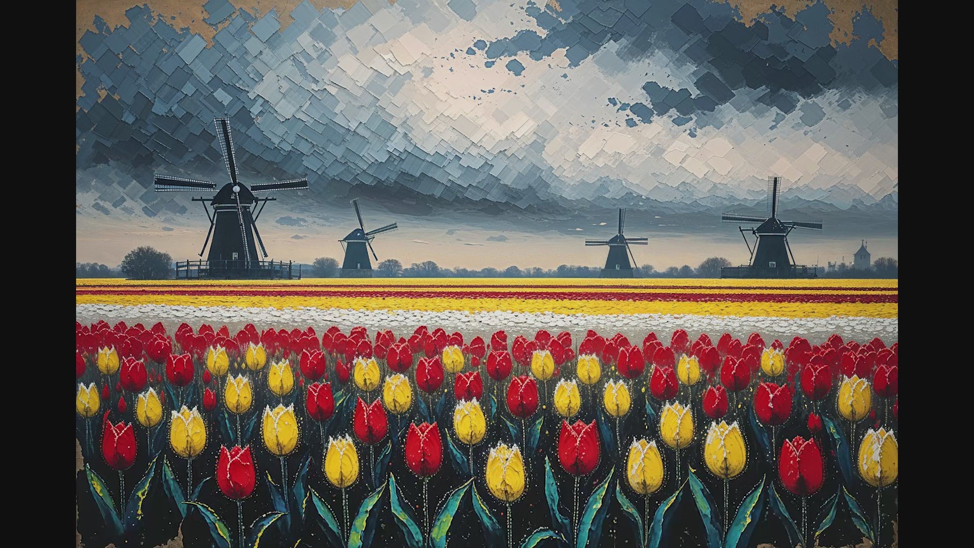 Dutch Tulip Field Windmill Oil Painting | Digital Download