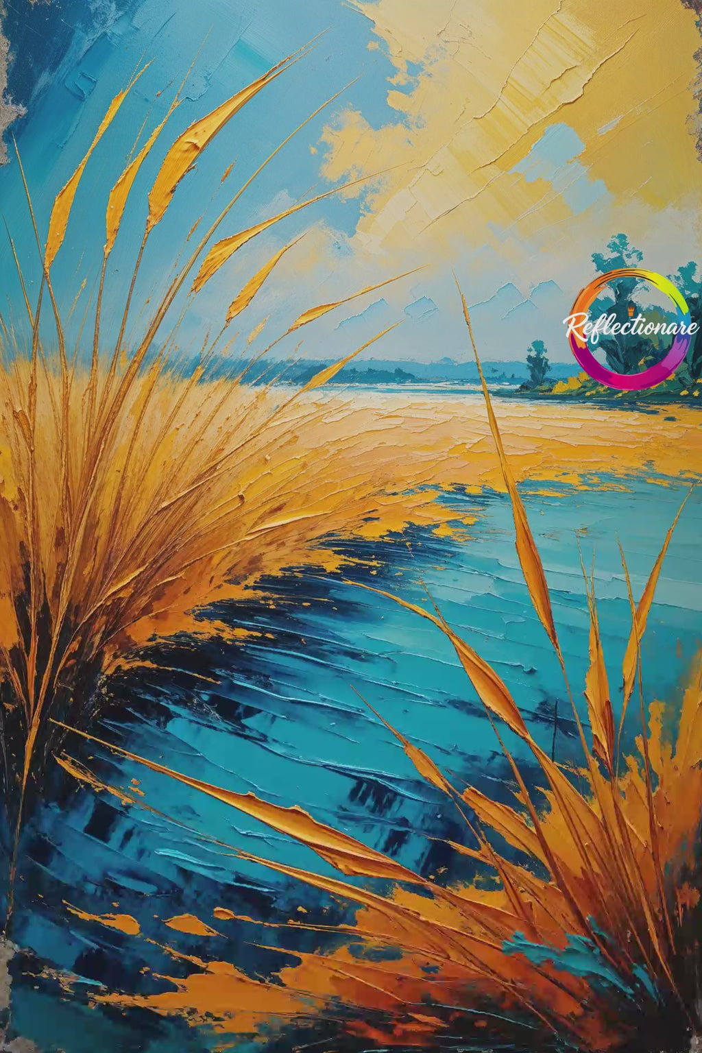 Vintage Lakeside Reeds Wall Art Print | Impressionist Lake Landscape