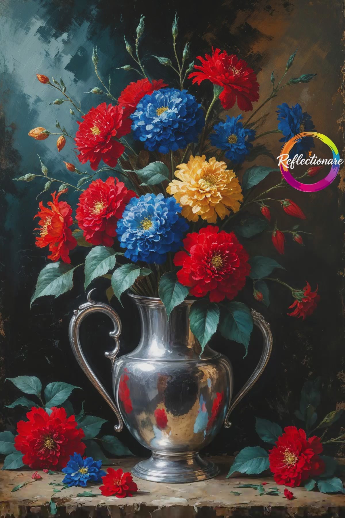 Vintage Silver Vase Red Blue Flowers Painting | Digital Download
