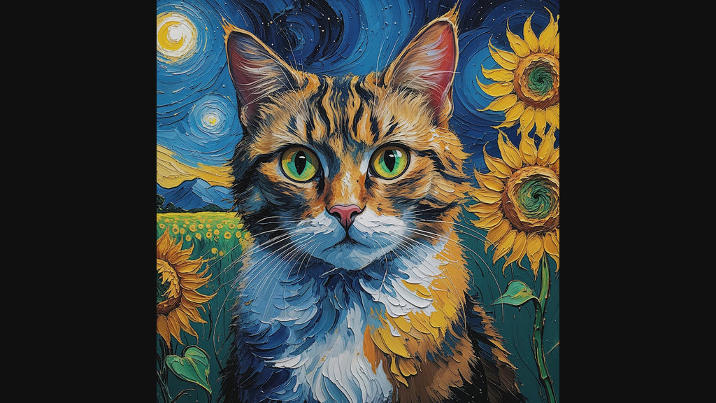 Van Gogh Style Starry Night Cat Sunflower Wall Art — product preview video