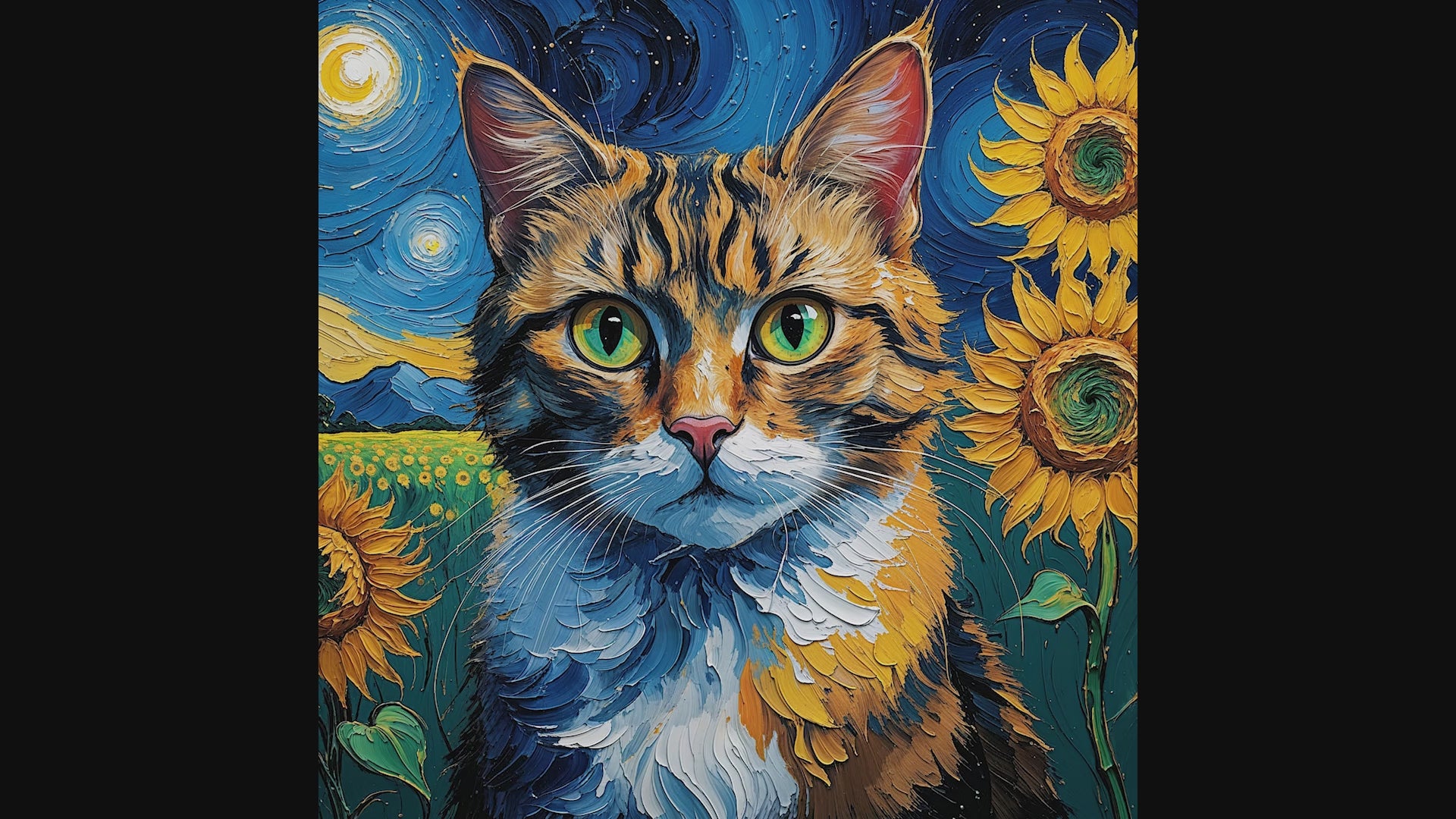 Van Gogh Style Starry Night Cat Sunflower Wall Art — product preview video