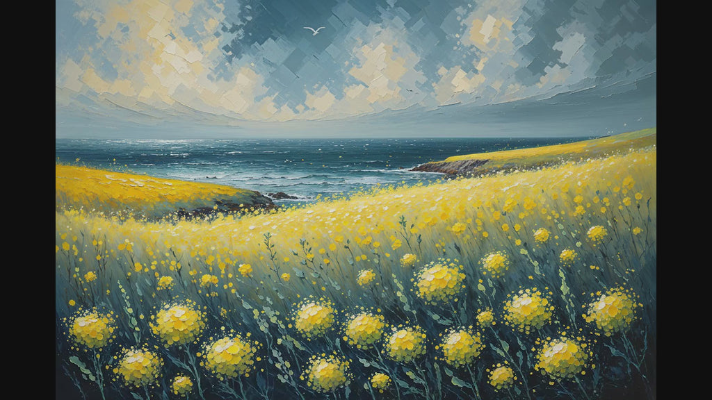 Yellow Wildflowers Ocean Coast Oil Painting | Digital Download