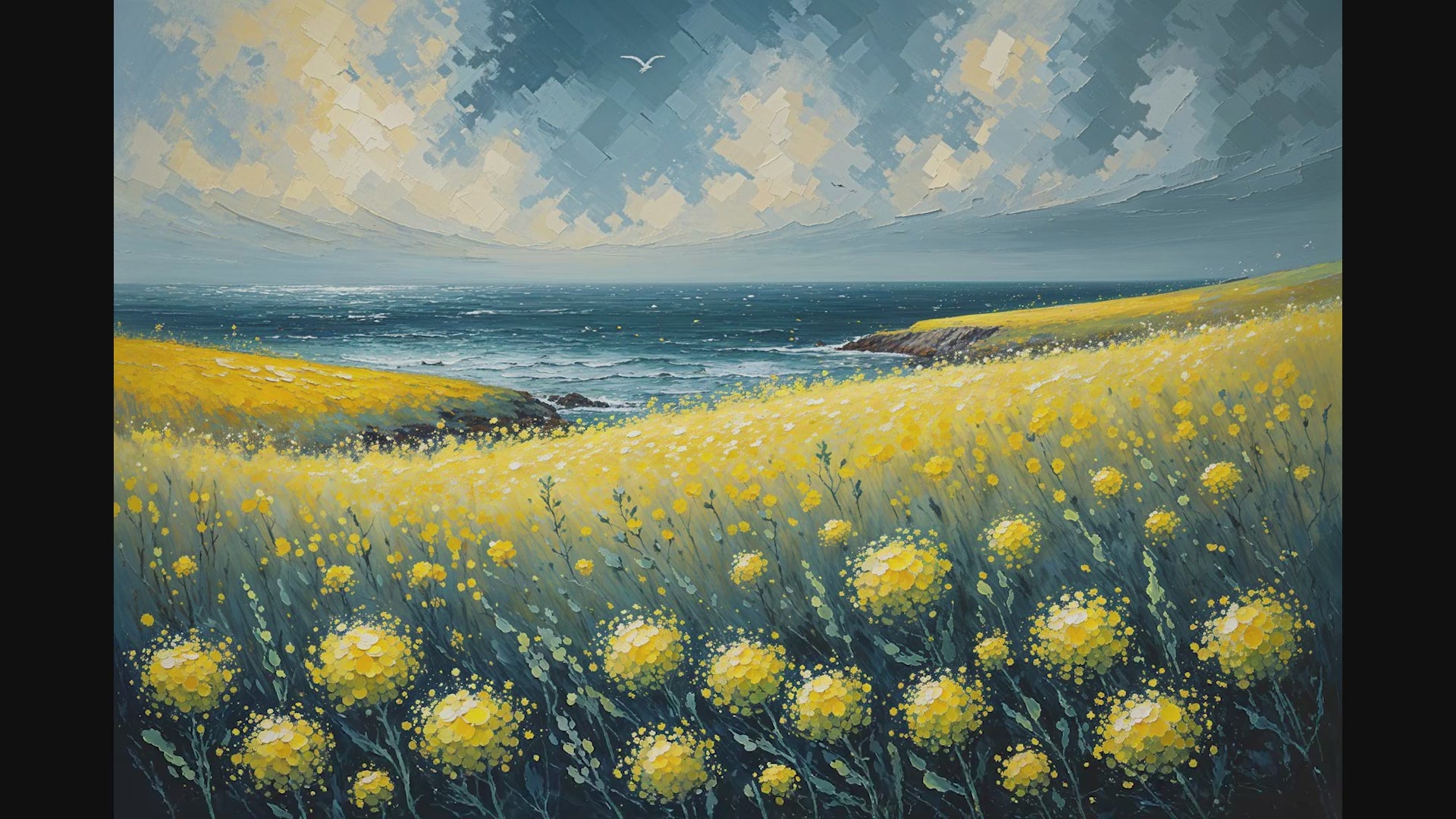 Yellow Wildflowers Ocean Coast Oil Painting | Digital Download