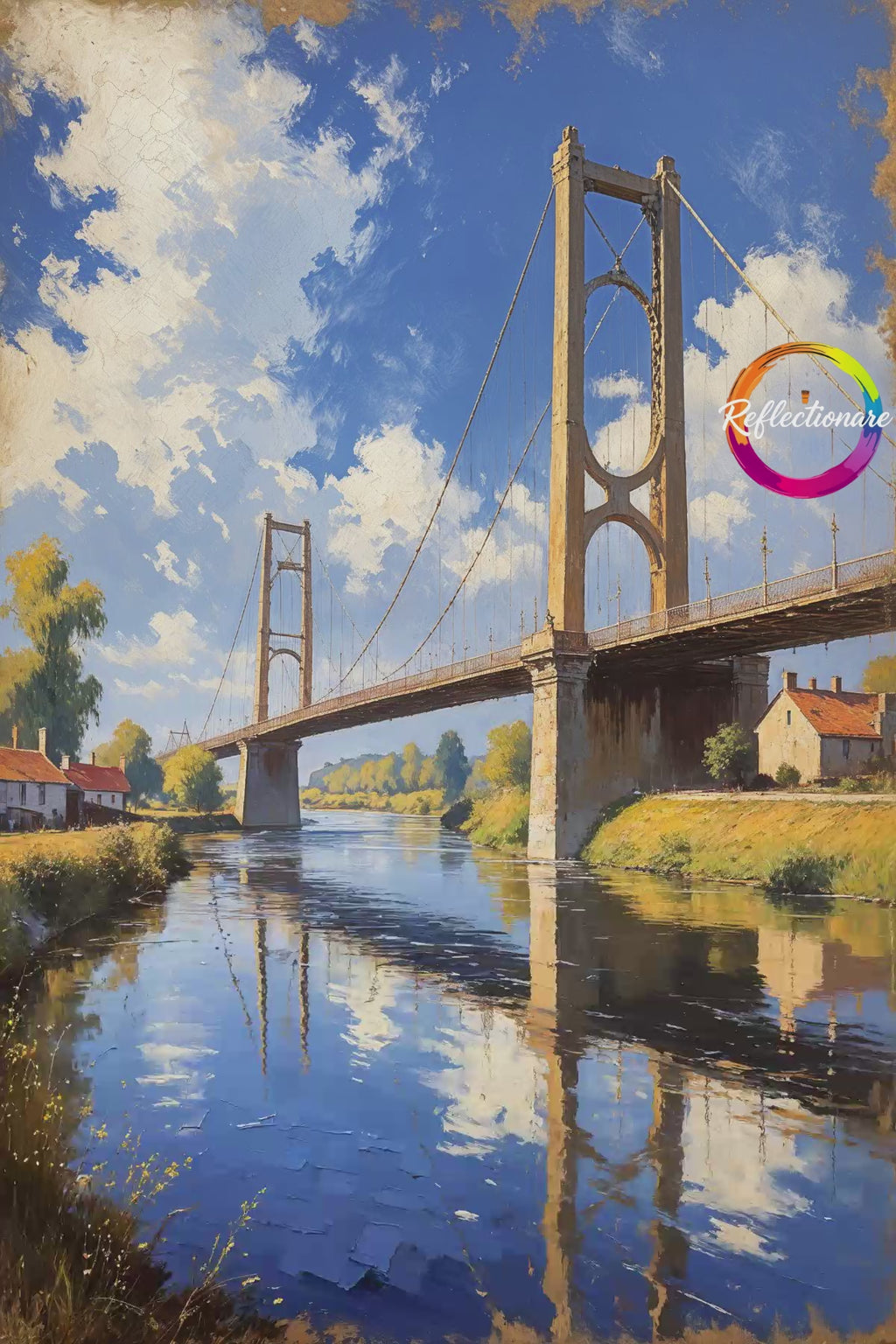 Vintage Suspension Bridge River Painting Wall Art | Digital Download