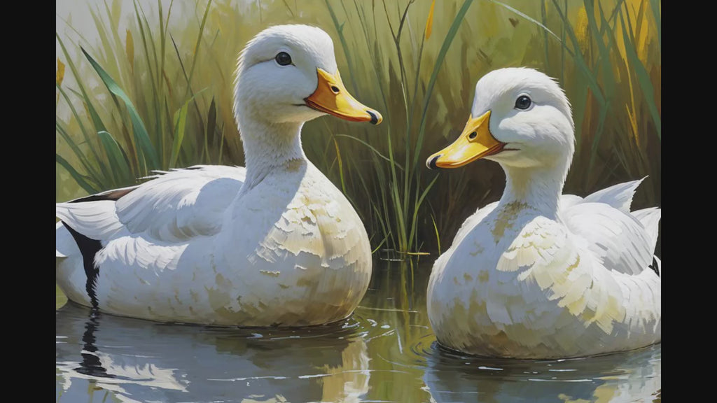 Vintage White Ducks Pond Painting Wall Art | Digital Download